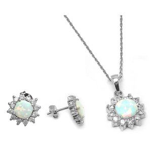 Silver 925 Rhodium Plated Opal Sun CZ Stud Earring and Necklace Set